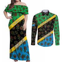 Tanzania Spice Island Couples Matching Off Shoulder Maxi Dress and Long Sleeve Button Shirt with Clove Leaf Pattern and National Flag Colors