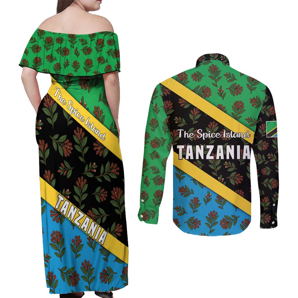Tanzania Spice Island Couples Matching Off Shoulder Maxi Dress and Long Sleeve Button Shirt with Clove Leaf Pattern and National Flag Colors