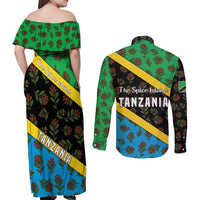 Tanzania Spice Island Couples Matching Off Shoulder Maxi Dress and Long Sleeve Button Shirt with Clove Leaf Pattern and National Flag Colors