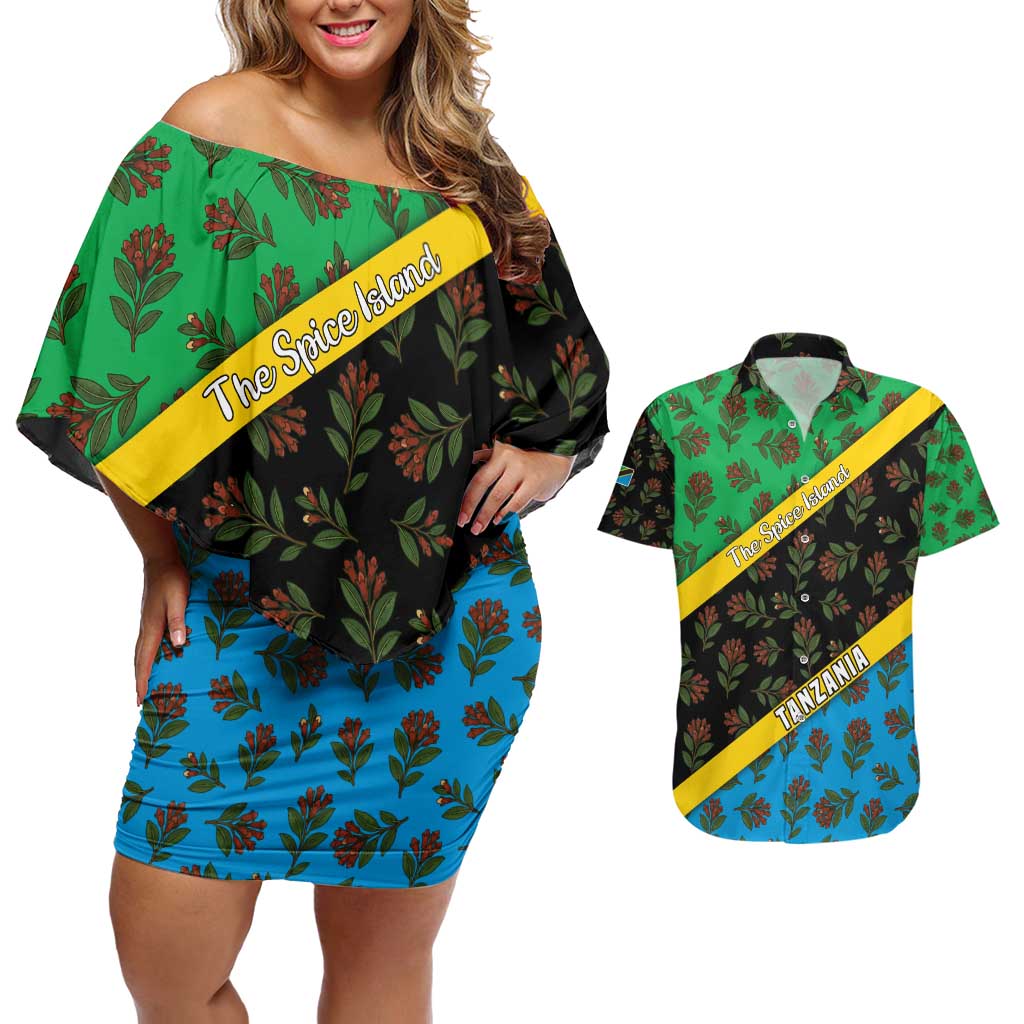 Tanzania Spice Island Couples Matching Off Shoulder Short Dress and Hawaiian Shirt with Clove Leaf Pattern and National Flag Colors