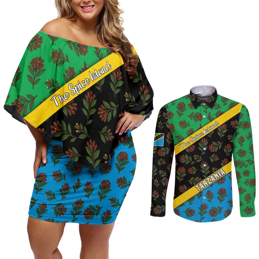 Tanzania Spice Island Couples Matching Off Shoulder Short Dress and Long Sleeve Button Shirt with Clove Leaf Pattern and National Flag Colors