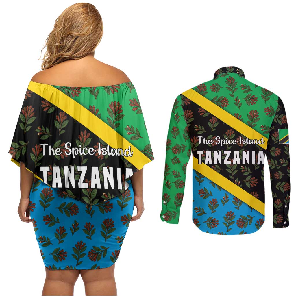 Tanzania Spice Island Couples Matching Off Shoulder Short Dress and Long Sleeve Button Shirt with Clove Leaf Pattern and National Flag Colors