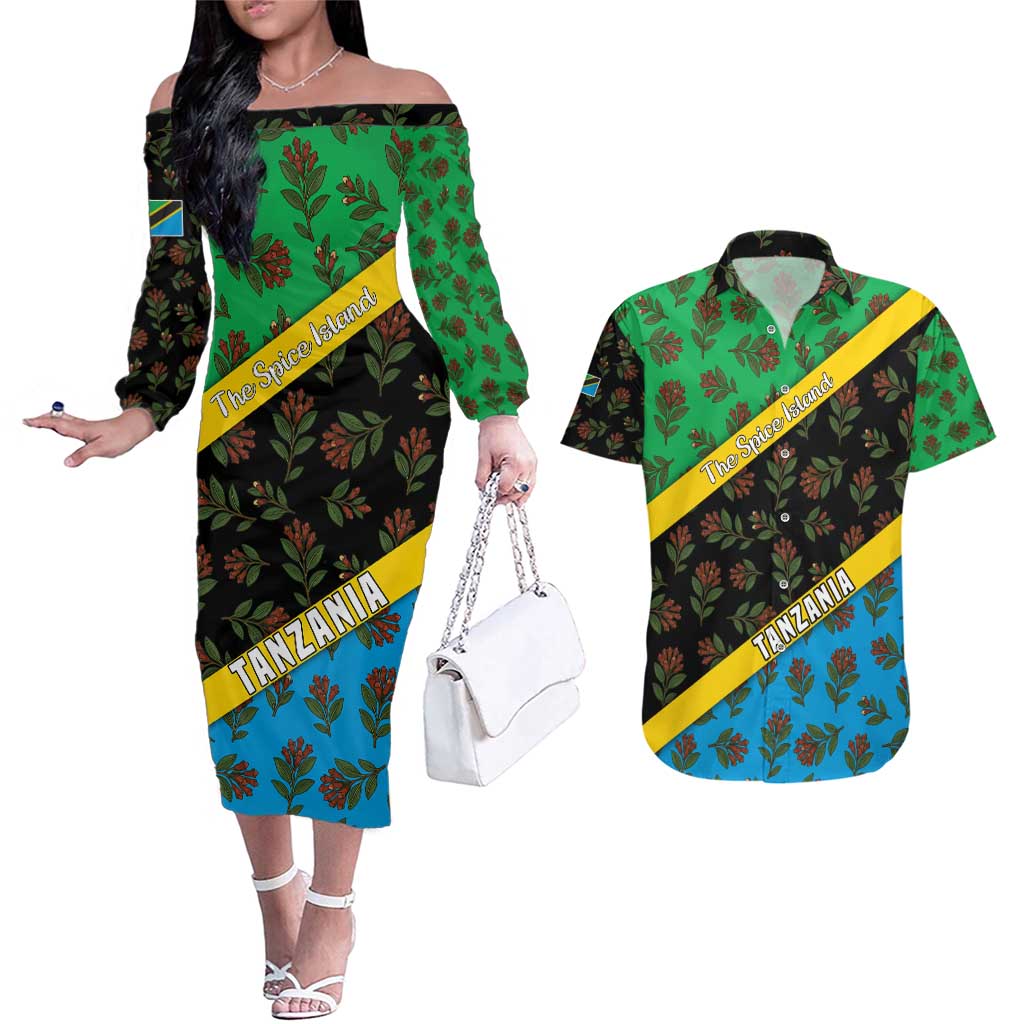 Tanzania Spice Island Couples Matching Off The Shoulder Long Sleeve Dress and Hawaiian Shirt with Clove Leaf Pattern and National Flag Colors