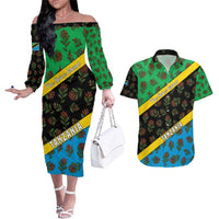 Tanzania Spice Island Couples Matching Off The Shoulder Long Sleeve Dress and Hawaiian Shirt with Clove Leaf Pattern and National Flag Colors