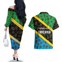 Tanzania Spice Island Couples Matching Off The Shoulder Long Sleeve Dress and Hawaiian Shirt with Clove Leaf Pattern and National Flag Colors