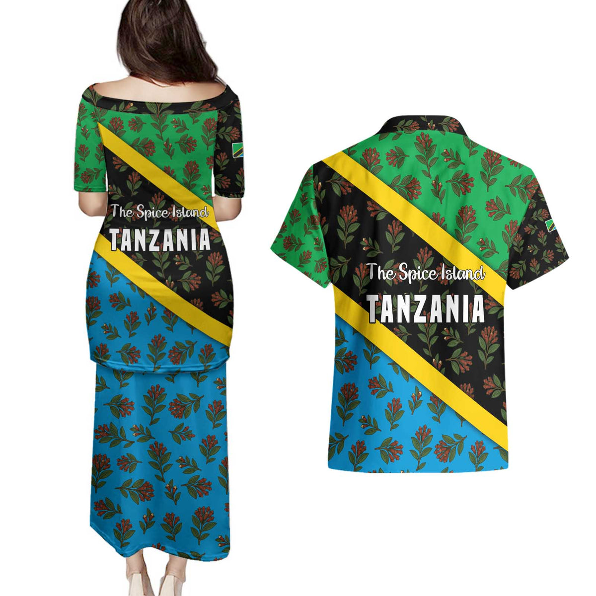 Tanzania Spice Island Couples Matching Puletasi and Hawaiian Shirt with Clove Leaf Pattern and National Flag Colors