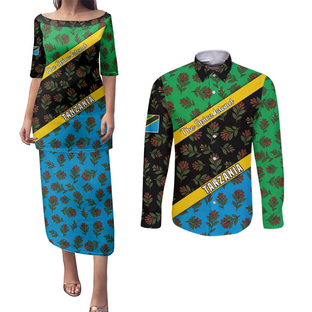 Tanzania Spice Island Couples Matching Puletasi and Long Sleeve Button Shirt with Clove Leaf Pattern and National Flag Colors