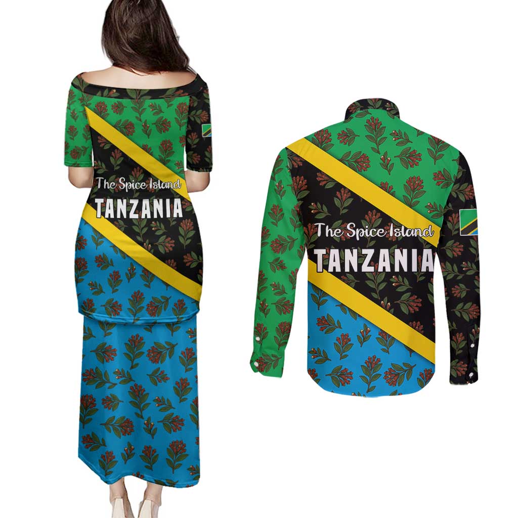 Tanzania Spice Island Couples Matching Puletasi and Long Sleeve Button Shirt with Clove Leaf Pattern and National Flag Colors