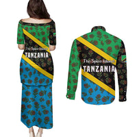 Tanzania Spice Island Couples Matching Puletasi and Long Sleeve Button Shirt with Clove Leaf Pattern and National Flag Colors