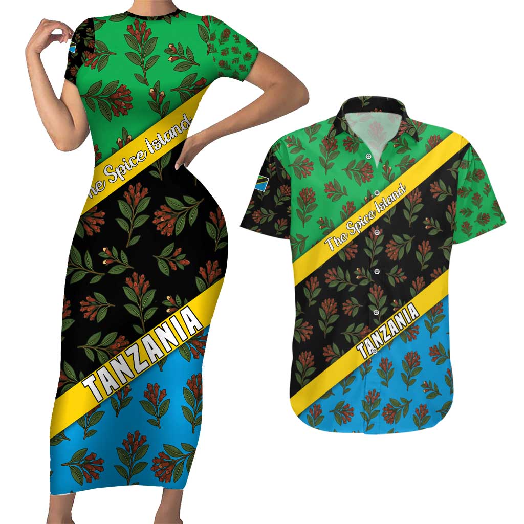 Tanzania Spice Island Couples Matching Short Sleeve Bodycon Dress and Hawaiian Shirt with Clove Leaf Pattern and National Flag Colors