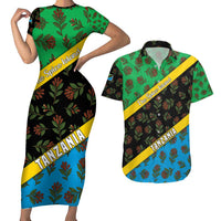 Tanzania Spice Island Couples Matching Short Sleeve Bodycon Dress and Hawaiian Shirt with Clove Leaf Pattern and National Flag Colors
