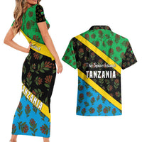 Tanzania Spice Island Couples Matching Short Sleeve Bodycon Dress and Hawaiian Shirt with Clove Leaf Pattern and National Flag Colors