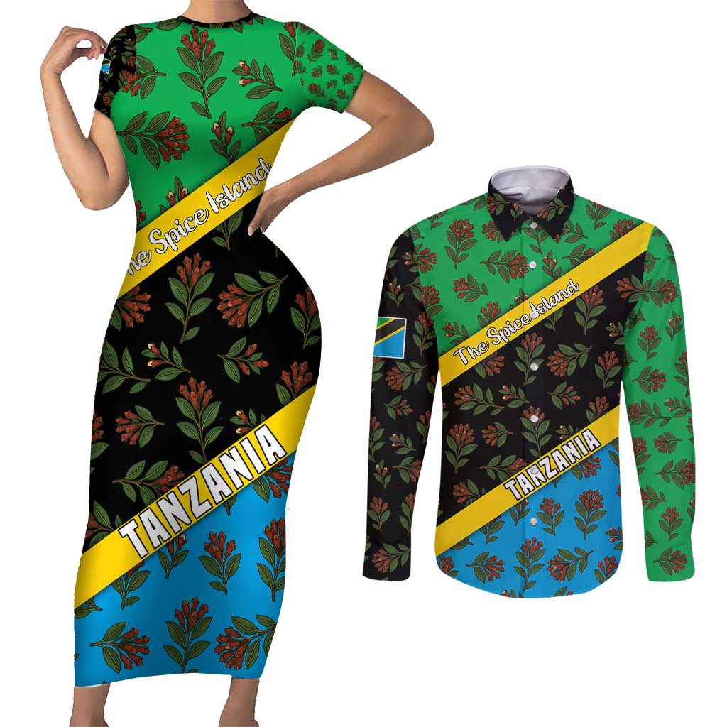 Tanzania Spice Island Couples Matching Short Sleeve Bodycon Dress and Long Sleeve Button Shirt with Clove Leaf Pattern and National Flag Colors