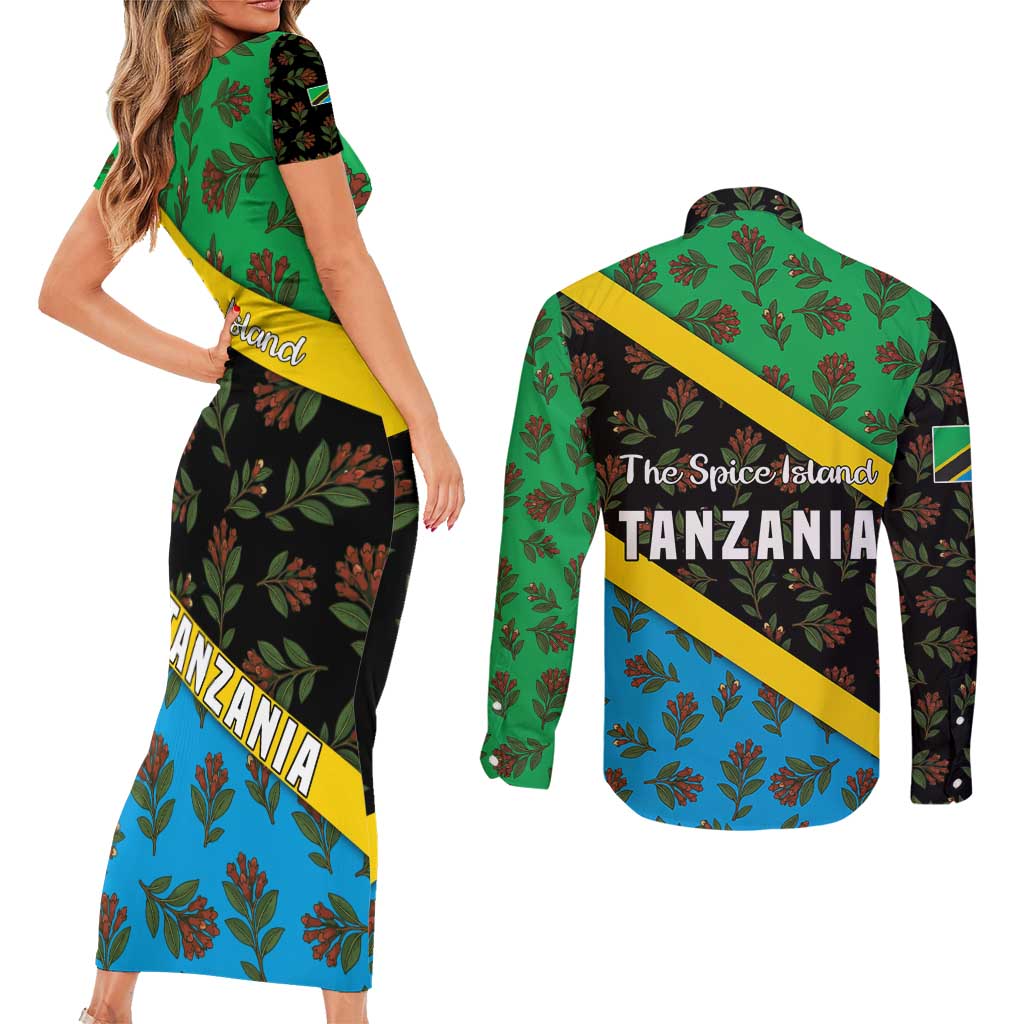 Tanzania Spice Island Couples Matching Short Sleeve Bodycon Dress and Long Sleeve Button Shirt with Clove Leaf Pattern and National Flag Colors