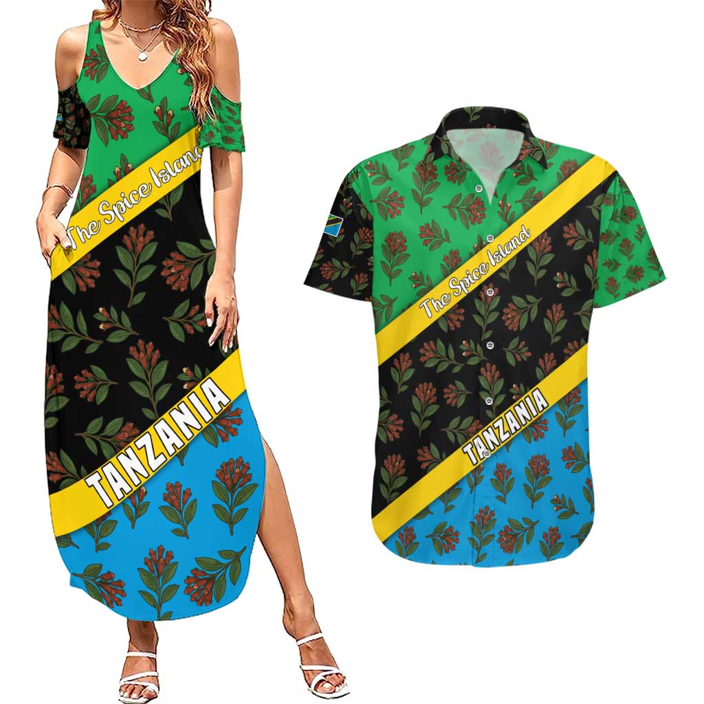 Tanzania Spice Island Couples Matching Summer Maxi Dress and Hawaiian Shirt with Clove Leaf Pattern and National Flag Colors