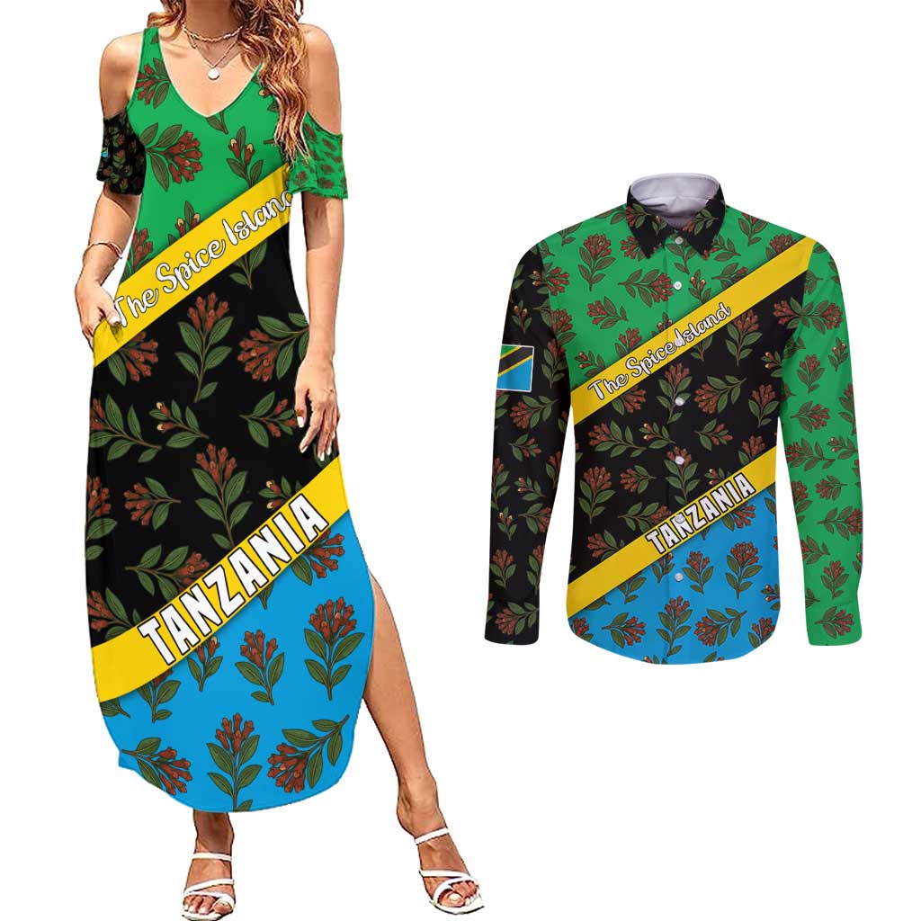 Tanzania Spice Island Couples Matching Summer Maxi Dress and Long Sleeve Button Shirt with Clove Leaf Pattern and National Flag Colors