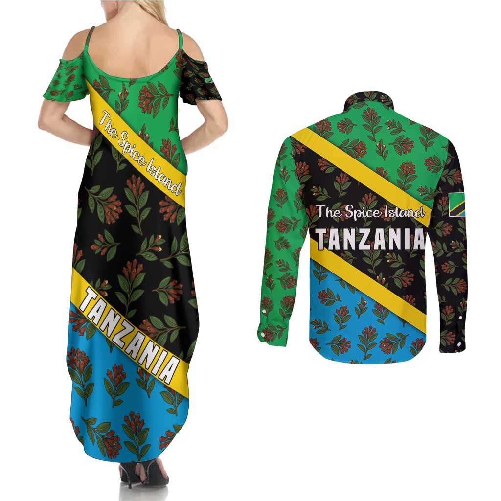 Tanzania Spice Island Couples Matching Summer Maxi Dress and Long Sleeve Button Shirt with Clove Leaf Pattern and National Flag Colors