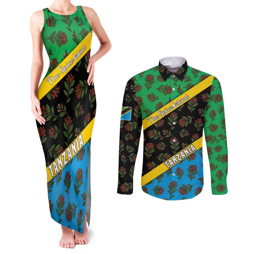 Tanzania Spice Island Couples Matching Tank Maxi Dress and Long Sleeve Button Shirt with Clove Leaf Pattern and National Flag Colors