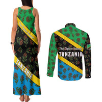 Tanzania Spice Island Couples Matching Tank Maxi Dress and Long Sleeve Button Shirt with Clove Leaf Pattern and National Flag Colors
