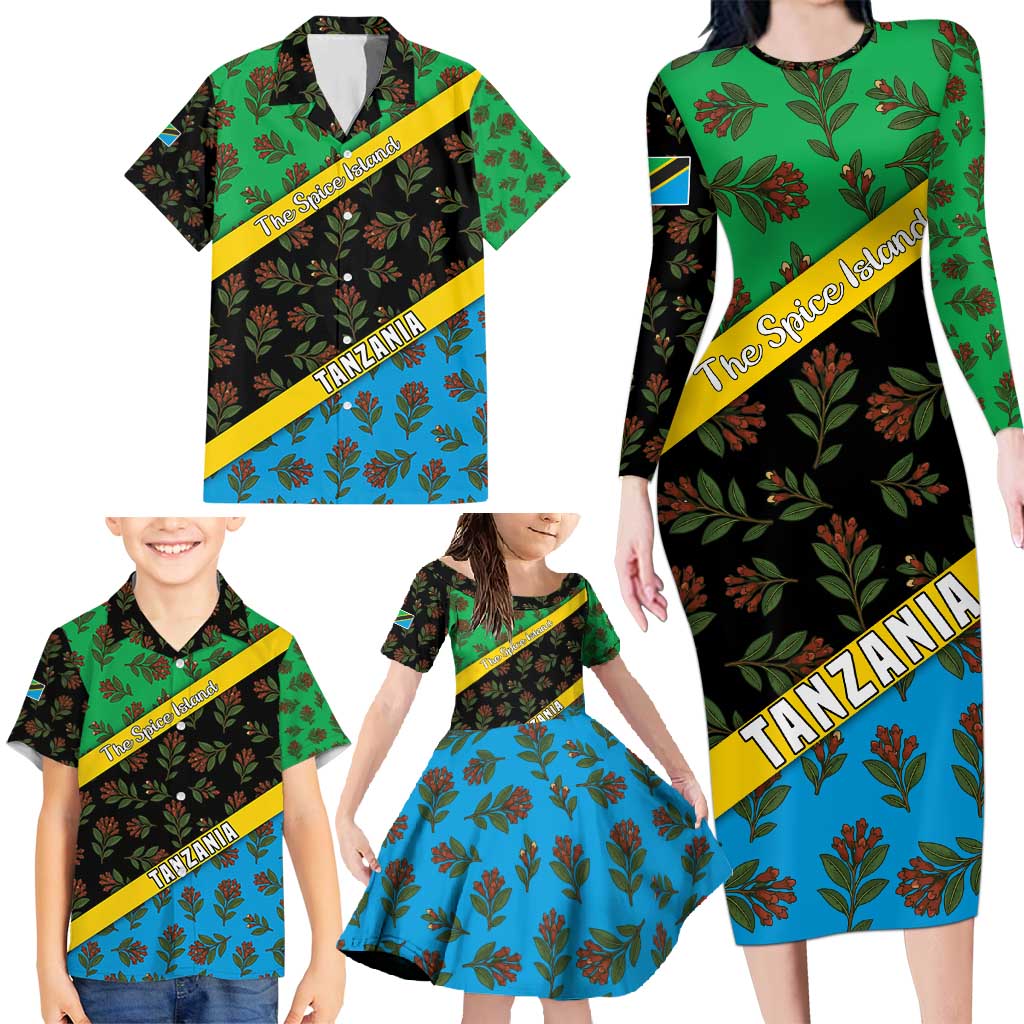 Tanzania Spice Island Family Matching Long Sleeve Bodycon Dress and Hawaiian Shirt with Clove Leaf Pattern and National Flag Colors