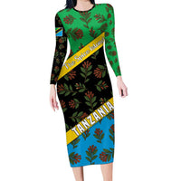 Tanzania Spice Island Family Matching Long Sleeve Bodycon Dress and Hawaiian Shirt with Clove Leaf Pattern and National Flag Colors