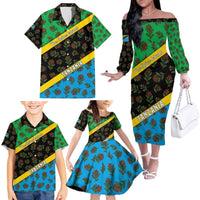 Tanzania Spice Island Family Matching Off The Shoulder Long Sleeve Dress and Hawaiian Shirt with Clove Leaf Pattern and National Flag Colors