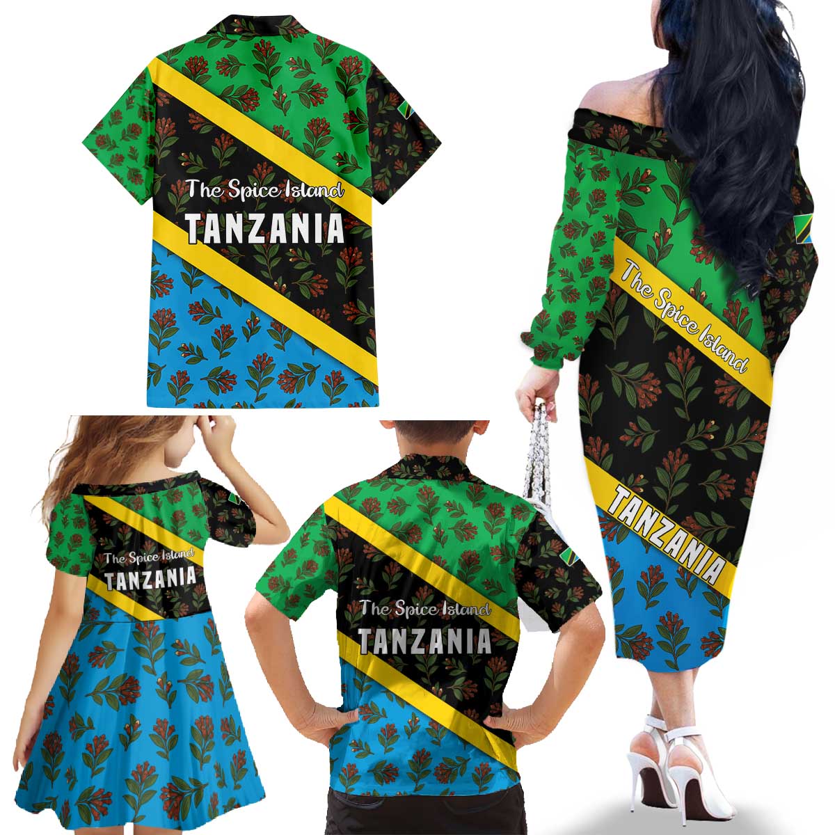 Tanzania Spice Island Family Matching Off The Shoulder Long Sleeve Dress and Hawaiian Shirt with Clove Leaf Pattern and National Flag Colors