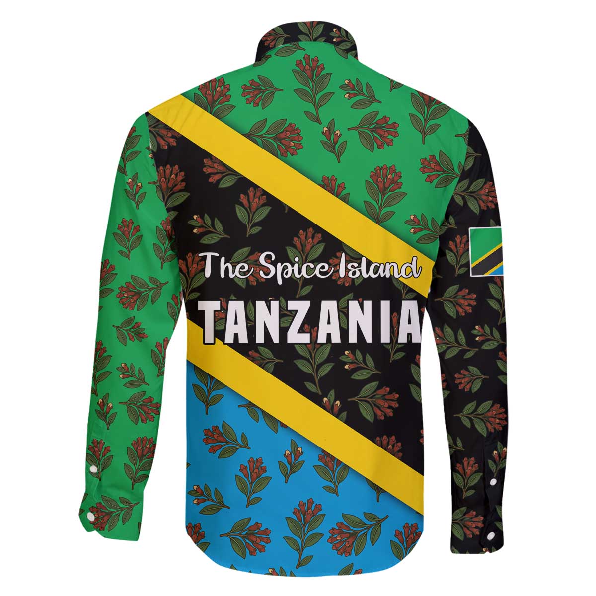 Tanzania Spice Island Family Matching Off The Shoulder Long Sleeve Dress and Hawaiian Shirt with Clove Leaf Pattern and National Flag Colors