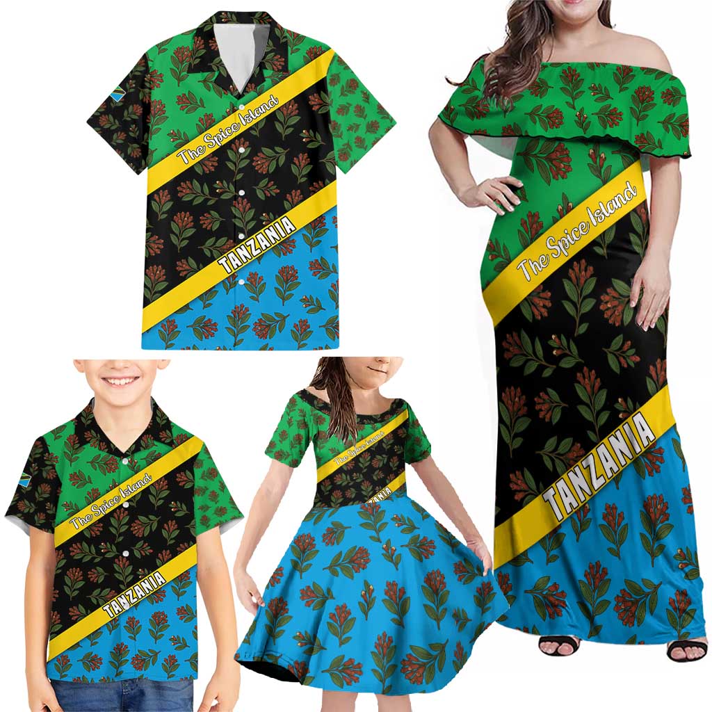 Tanzania Spice Island Family Matching Off Shoulder Maxi Dress and Hawaiian Shirt with Clove Leaf Pattern and National Flag Colors