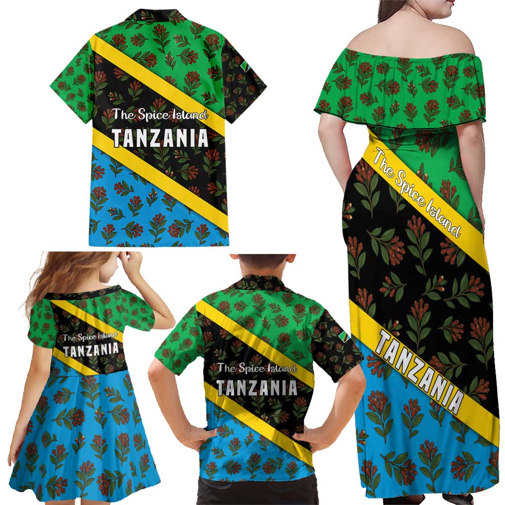 Tanzania Spice Island Family Matching Off Shoulder Maxi Dress and Hawaiian Shirt with Clove Leaf Pattern and National Flag Colors