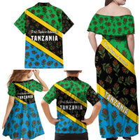 Tanzania Spice Island Family Matching Off Shoulder Maxi Dress and Hawaiian Shirt with Clove Leaf Pattern and National Flag Colors
