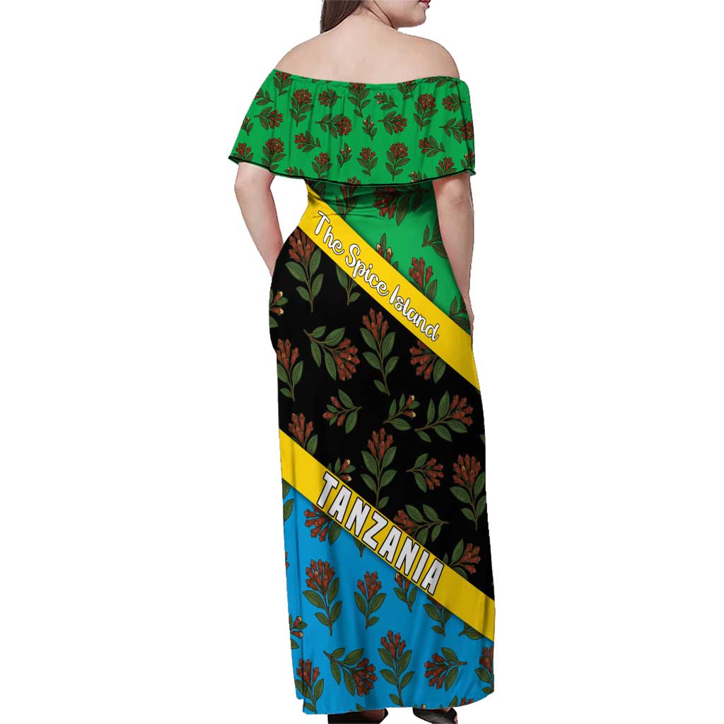 Tanzania Spice Island Family Matching Off Shoulder Maxi Dress and Hawaiian Shirt with Clove Leaf Pattern and National Flag Colors