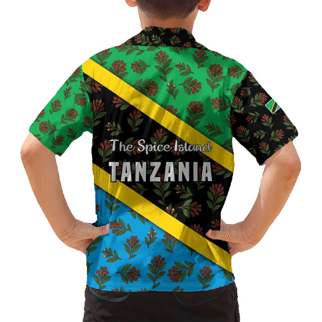 Tanzania Spice Island Family Matching Off Shoulder Short Dress and Hawaiian Shirt with Clove Leaf Pattern and National Flag Colors