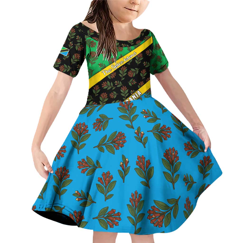 Tanzania Spice Island Family Matching Off Shoulder Short Dress and Hawaiian Shirt with Clove Leaf Pattern and National Flag Colors