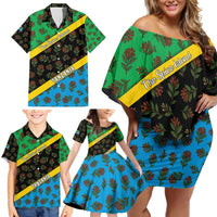 Tanzania Spice Island Family Matching Off Shoulder Short Dress and Hawaiian Shirt with Clove Leaf Pattern and National Flag Colors