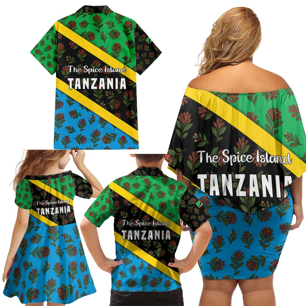 Tanzania Spice Island Family Matching Off Shoulder Short Dress and Hawaiian Shirt with Clove Leaf Pattern and National Flag Colors