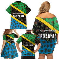 Tanzania Spice Island Family Matching Off Shoulder Short Dress and Hawaiian Shirt with Clove Leaf Pattern and National Flag Colors