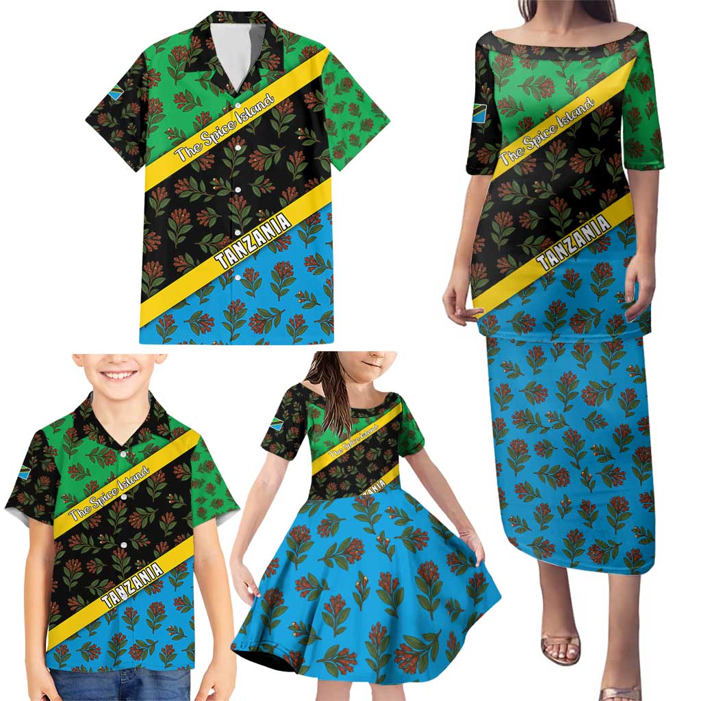 Tanzania Spice Island Family Matching Puletasi and Hawaiian Shirt with Clove Leaf Pattern and National Flag Colors