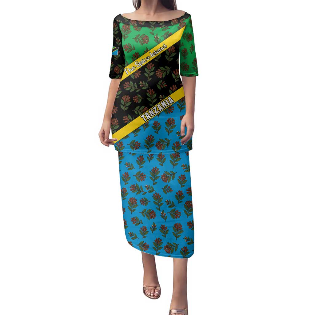 Tanzania Spice Island Family Matching Puletasi and Hawaiian Shirt with Clove Leaf Pattern and National Flag Colors