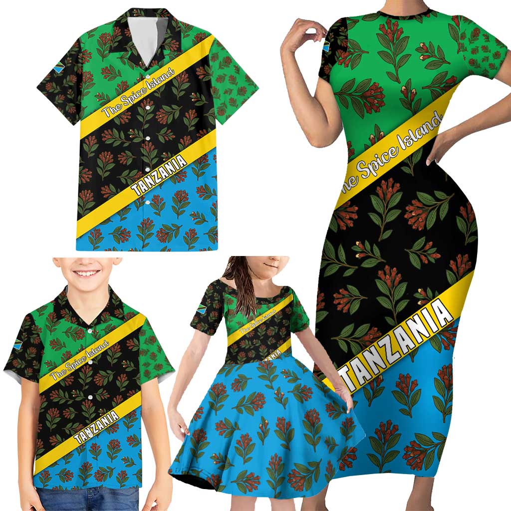 Tanzania Spice Island Family Matching Short Sleeve Bodycon Dress and Hawaiian Shirt with Clove Leaf Pattern and National Flag Colors