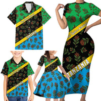 Tanzania Spice Island Family Matching Short Sleeve Bodycon Dress and Hawaiian Shirt with Clove Leaf Pattern and National Flag Colors