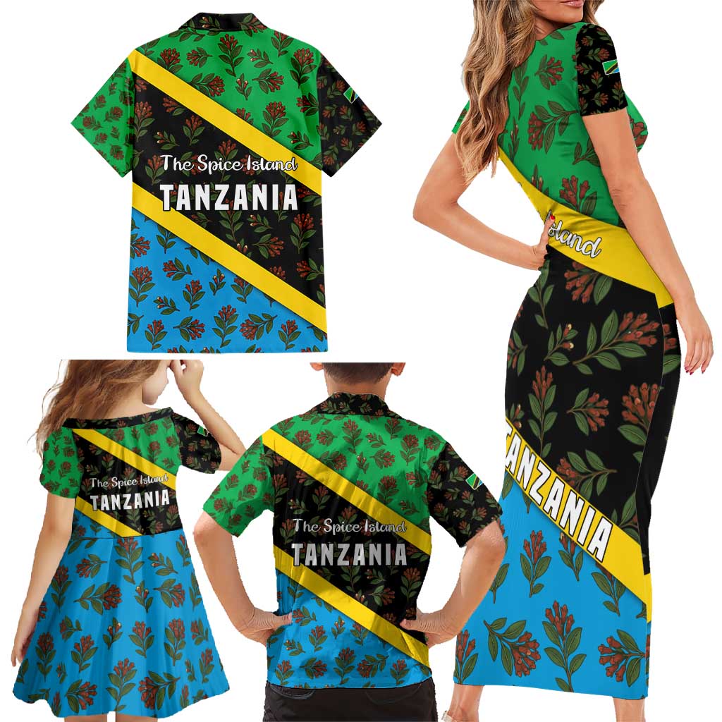 Tanzania Spice Island Family Matching Short Sleeve Bodycon Dress and Hawaiian Shirt with Clove Leaf Pattern and National Flag Colors