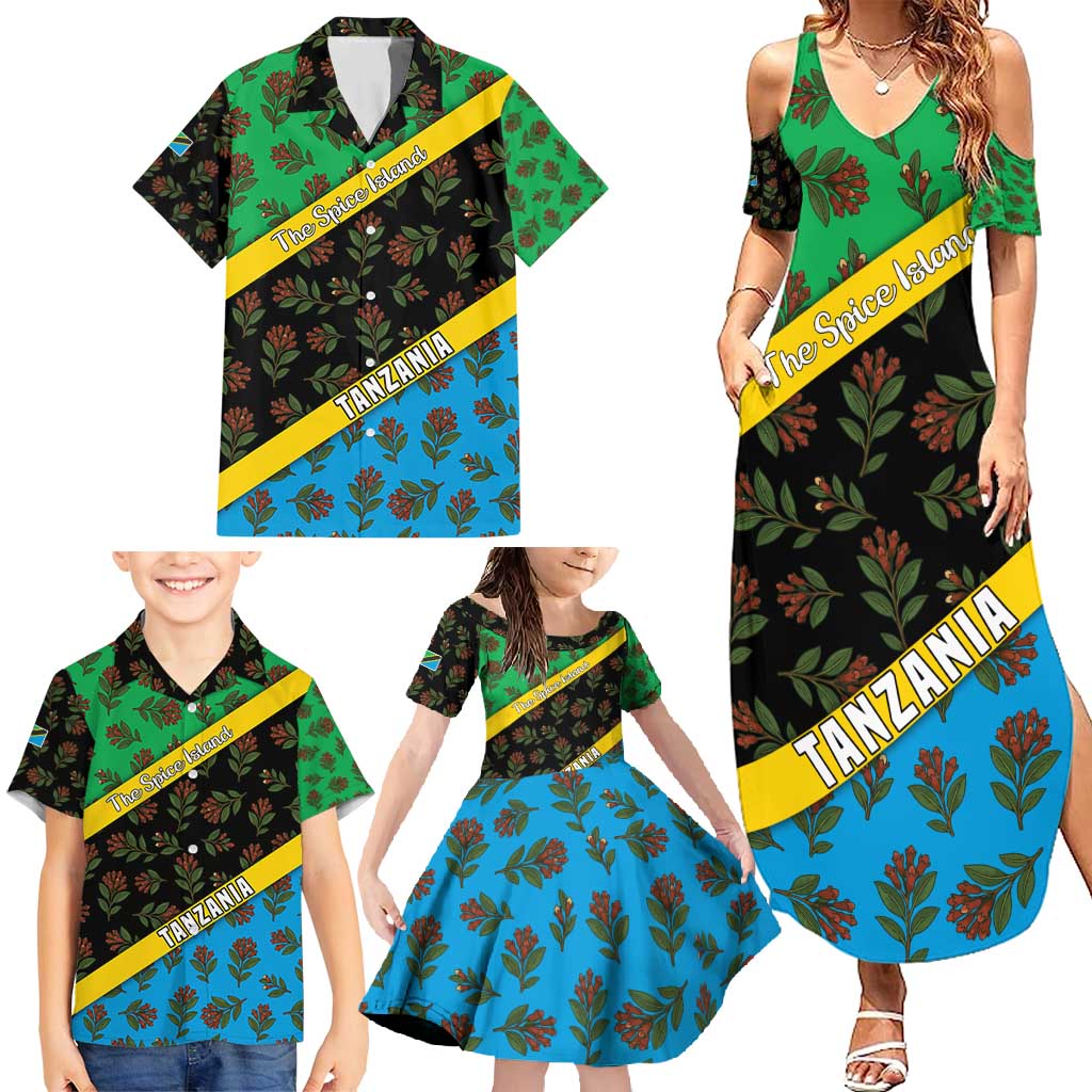 Tanzania Spice Island Family Matching Summer Maxi Dress and Hawaiian Shirt with Clove Leaf Pattern and National Flag Colors