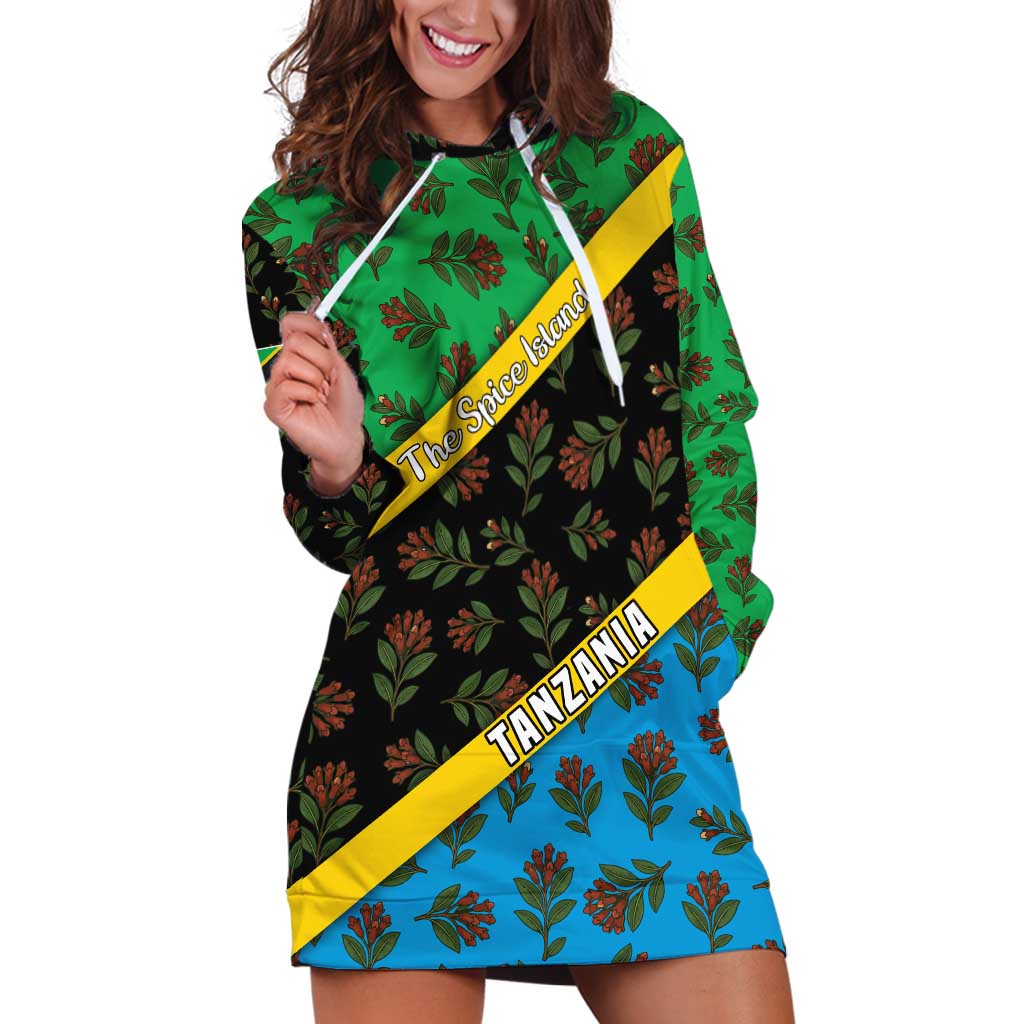 Tanzania Spice Island Hoodie Dress with Clove Leaf Pattern and National Flag Colors