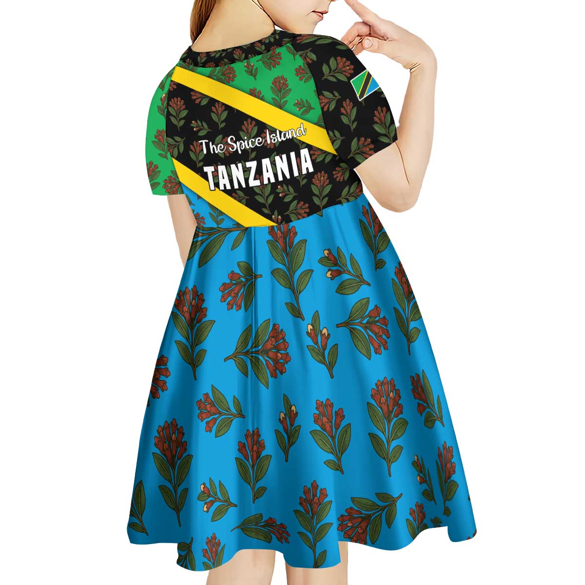 Tanzania Spice Island Kid Short Sleeve Dress with Clove Leaf Pattern and National Flag Colors