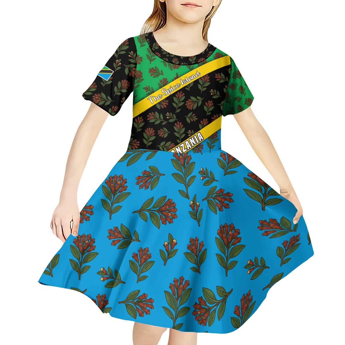 Tanzania Spice Island Kid Short Sleeve Dress with Clove Leaf Pattern and National Flag Colors