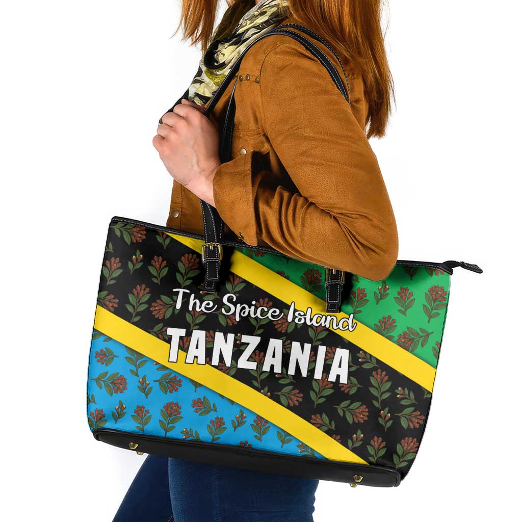 Tanzania Spice Island Leather Tote Bag with Clove Leaf Pattern and National Flag Colors