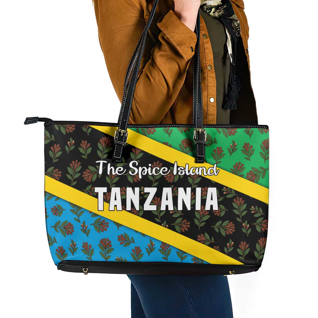 Tanzania Spice Island Leather Tote Bag with Clove Leaf Pattern and National Flag Colors