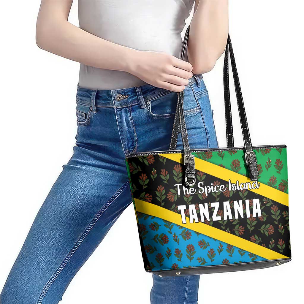 Tanzania Spice Island Leather Tote Bag with Clove Leaf Pattern and National Flag Colors