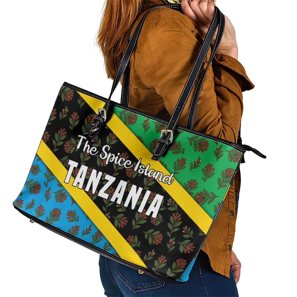 Tanzania Spice Island Leather Tote Bag with Clove Leaf Pattern and National Flag Colors